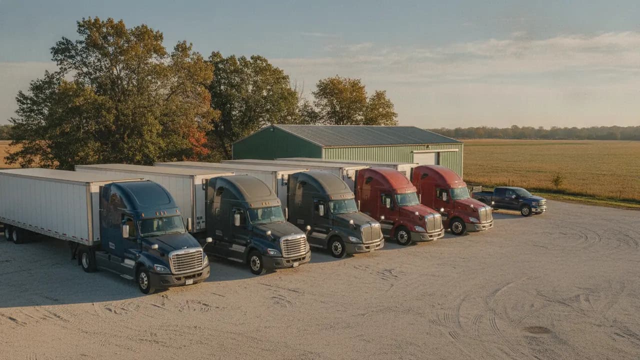 Four tractor-trailers lined up in the gravel yard of a small family-run trucking company on a clear morning.
