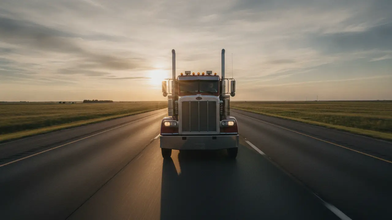 A red American semi truck running down an open interstate highway at golden hour, empty road stretching to the horizon.